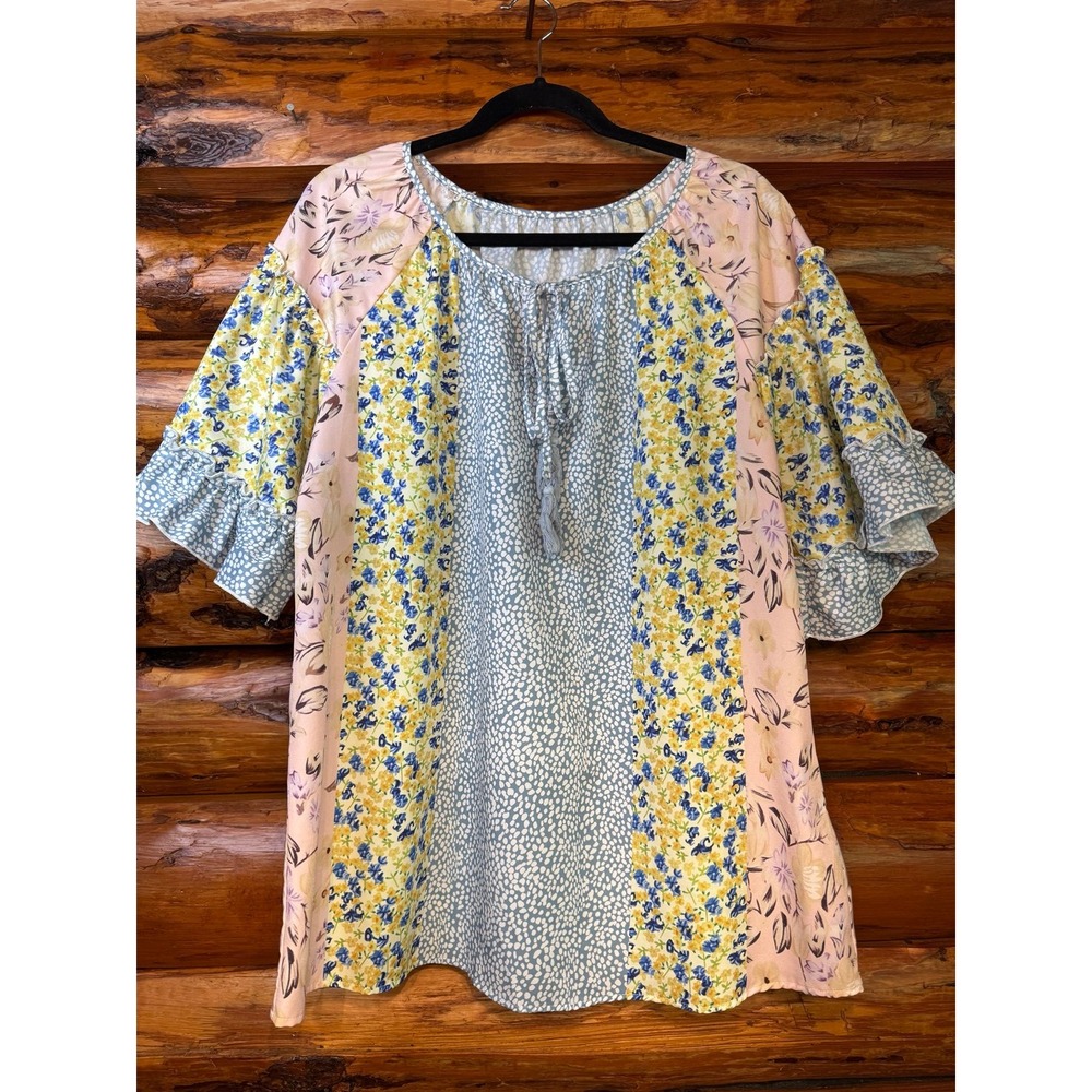 Boho Floral Patchwork Peasant Blouse - Pink, Yellow & Blue